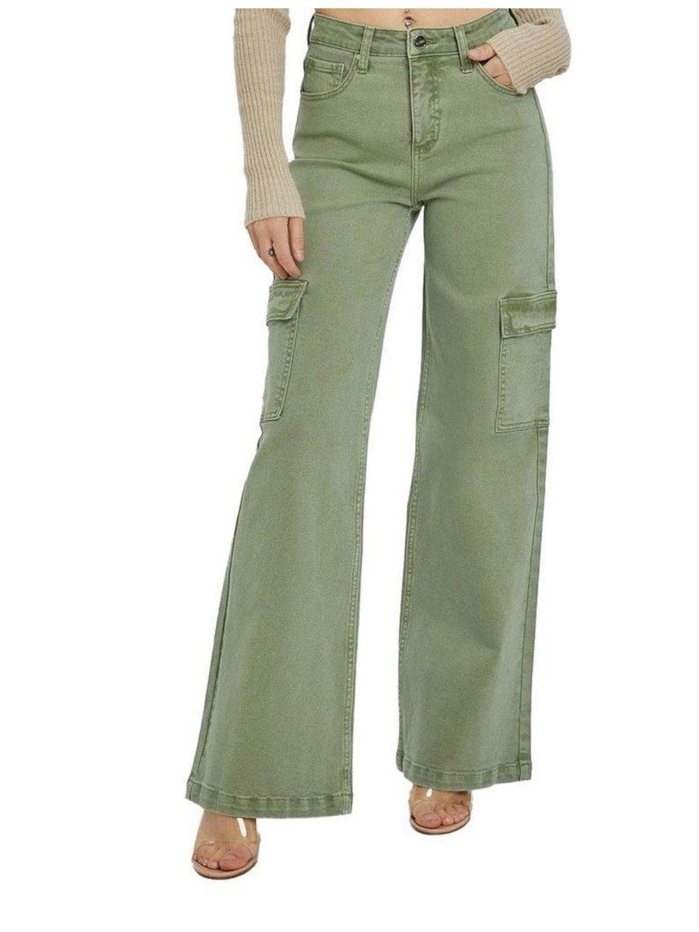 NWT Risen High-Rise Olive Green Wide-Leg Cargo Jeans — Flare Fit